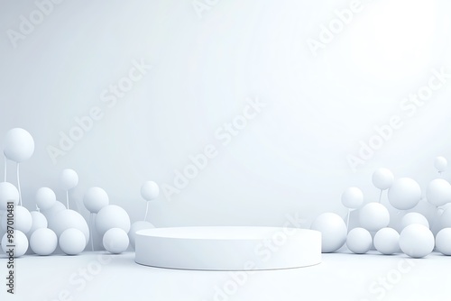 White minimalist 3D podium with abstract balloons on a white background, perfect for product display.