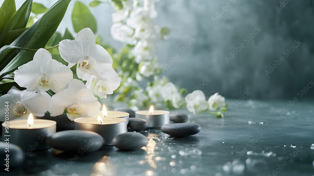 The image portrays a serene arrangement of white orchid flowers, stacked zen stones, and two lit candles on a soft, textured green background. The image portrays a serene arrangement of white orchid flowers, stacked zen stones, and two lit candles on a soft, textured green background.