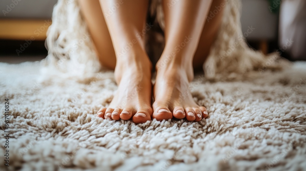 A woman with perfectly manicured toenails gently massaging her feet on a plush rug, emphasizing relaxation and self-care. A woman with perfectly manicured toenails gently massaging her feet on a plush rug, emphasizing relaxation and self-care.