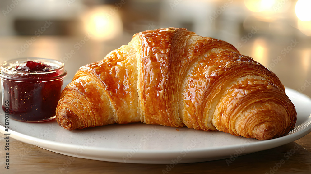A perfectly baked croissant, golden and flaky, placed on a clean white plate with a small jar of jam beside it, captured in soft morning light that highlights the delicate texture and freshly baked A perfectly baked croissant, golden and flaky, placed on a clean white plate with a small jar of jam beside it, captured in soft morning light that highlights the delicate texture and freshly baked