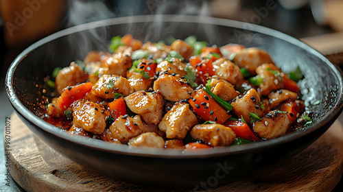 A sizzling stir-fry dish with vibrant vegetables, tender chicken, and a glossy sauce, served in a wok with steam rising from it, under warm kitchen lighting that emphasizes flavor, freshness, and