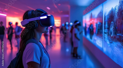  Person immersed in virtual reality experience, exploring digital worlds through VR headset in futuristic gallery setting filled with glowing screens.