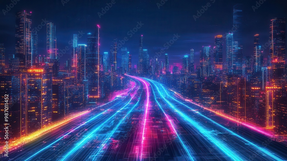 Naklejka premium Illustrate a cityscape with holographic colored pathways, exuding futuristic creativity