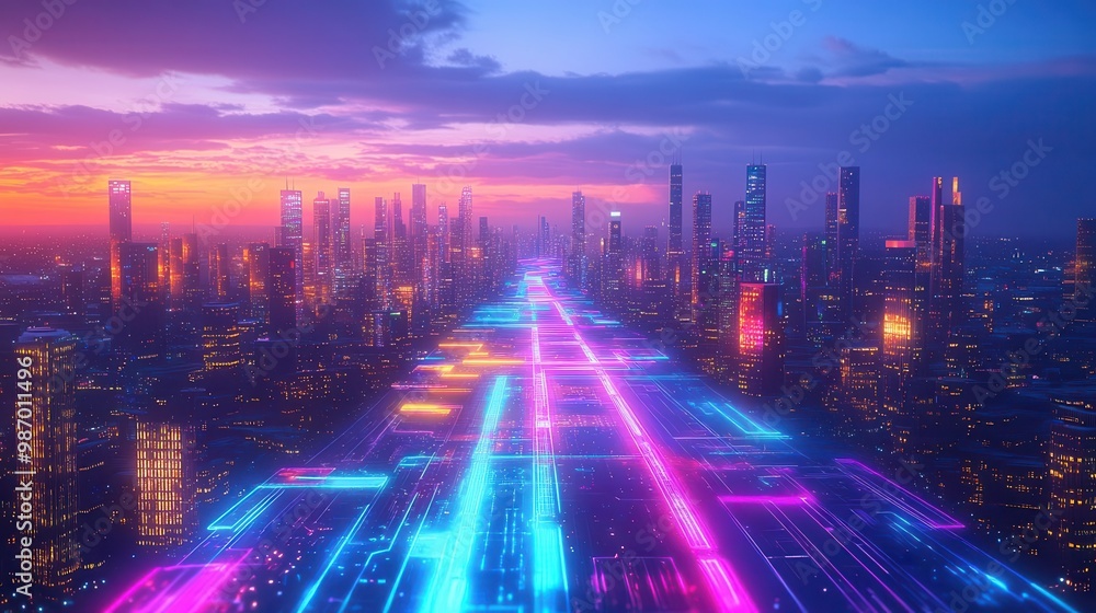 Obraz premium Illustrate a cityscape with holographic colored pathways, exuding futuristic creativity