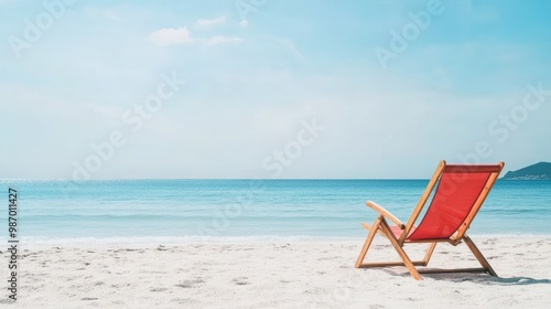 A serene beach scene featuring a red lounge chair on soft sand, perfect for relaxation and enjoying a peaceful ocean view.