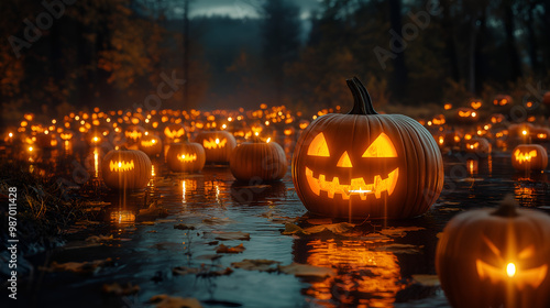 Jack-o'-Lantern Path: A mystical and eerie path leading through a dark forest, illuminated by hundreds of glowing jack-o'-lanterns, each with a unique and spooky grin, creating a captivating and encha photo