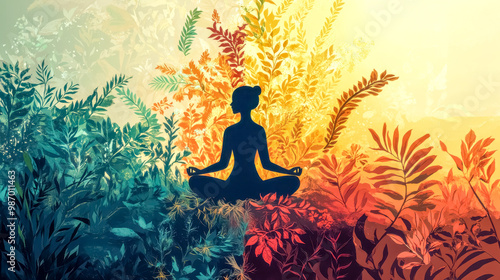 Wallpaper Mural Woman meditating surrounded by colorful foliage illustration Torontodigital.ca