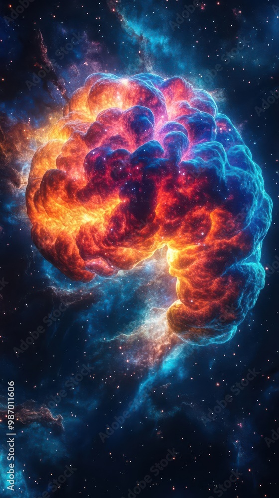 Illustrate a close-up view of a vibrant, multicolored nebula resembling a brain, symbolizing the boundless creativity of the human mind in CG 3D Illustrate a close-up view of a vibrant, multicolored nebula resembling a brain, symbolizing the boundless creativity of the human mind in CG 3D