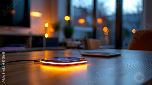 A modern wireless charging pad with a sleek smartphone resting on top, surrounded by minimalist office decor, bathed in soft ambient light, symbolizing effortless charging and cutting-edge technology