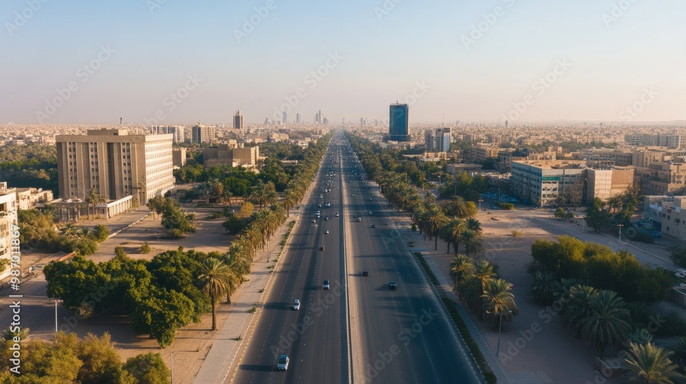Aerial view of a wide road lined with palm trees and modern buildings, capturing the essence of urban life and tranquility. Aerial view of a wide road lined with palm trees and modern buildings, capturing the essence of urban life and tranquility.