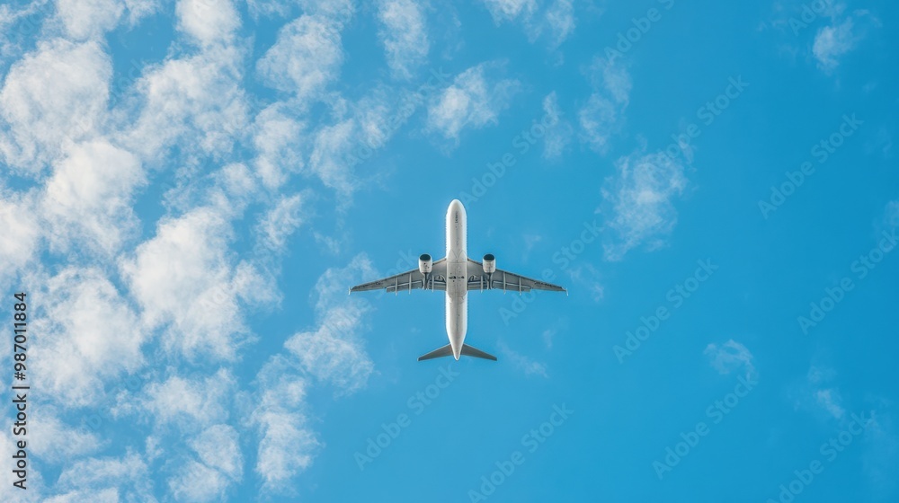 Fototapeta premium Aerial view of an airplane flying in a clear blue sky with fluffy clouds, capturing the essence of travel and adventure.
