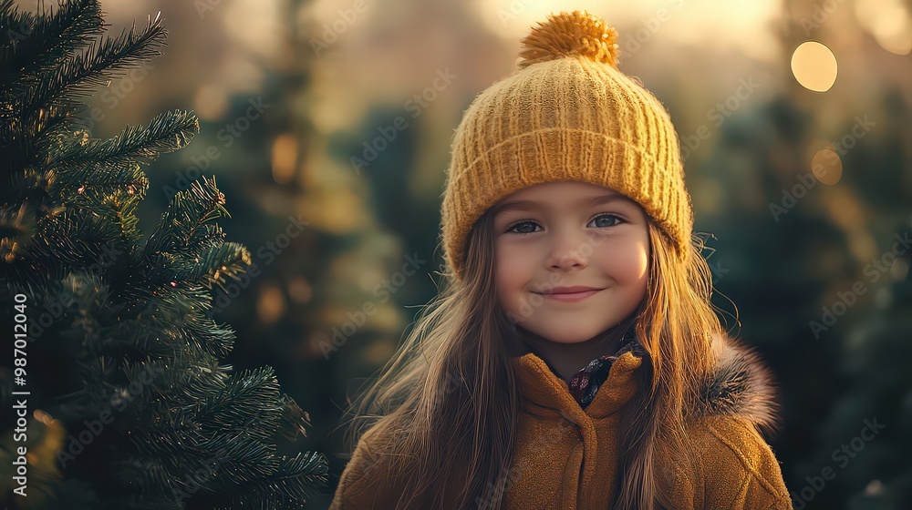 Smiling young girl in yellow winter hat, surrounded by evergreen trees, enjoying peaceful moment outdoors during the holiday season. Smiling young girl in yellow winter hat, surrounded by evergreen trees, enjoying peaceful moment outdoors during the holiday season.