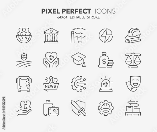 Line icons about society sectors. Contains such icons as industry, public sectors, trade and more. Editable vector stroke 64x64 pixel perfect