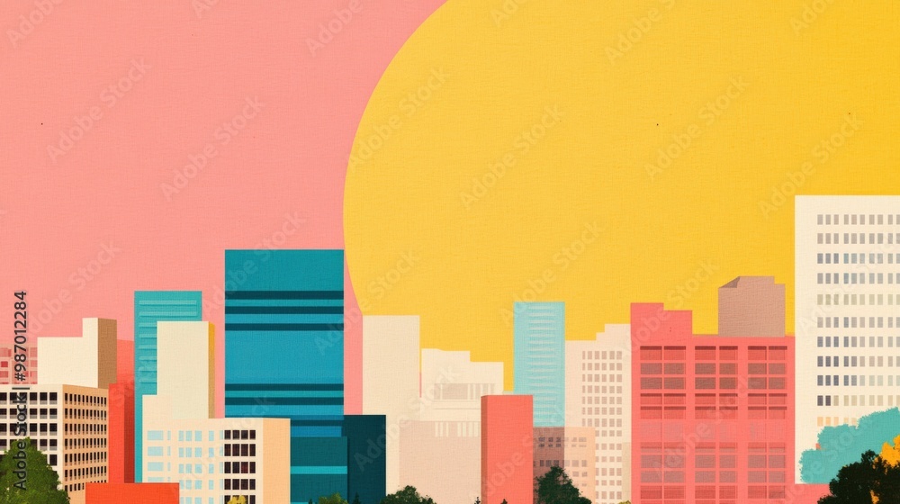 Vibrant city skyline illustration featuring colorful buildings under a bright sun, creating a lively urban atmosphere. Vibrant city skyline illustration featuring colorful buildings under a bright sun, creating a lively urban atmosphere.
