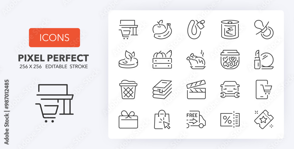 Supermarket departments and services 3 of 3 sets. Outline symbol collection. Editable vector stroke. 256x256 Pixel Perfect scalable to 128px, 64px... Supermarket departments and services 3 of 3 sets. Outline symbol collection. Editable vector stroke. 256x256 Pixel Perfect scalable to 128px, 64px...
