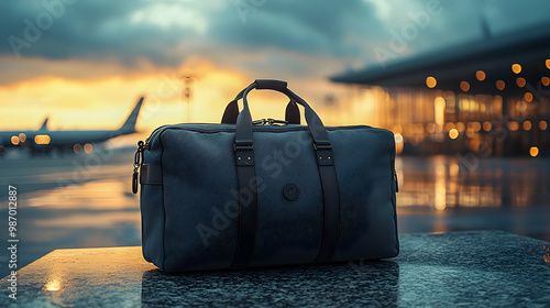 A luxury travel duffel bag sitting on a smooth stone bench with a scenic airport runway in the background, illuminated by soft natural light that evokes travel, adventure, and quality craftsmanship