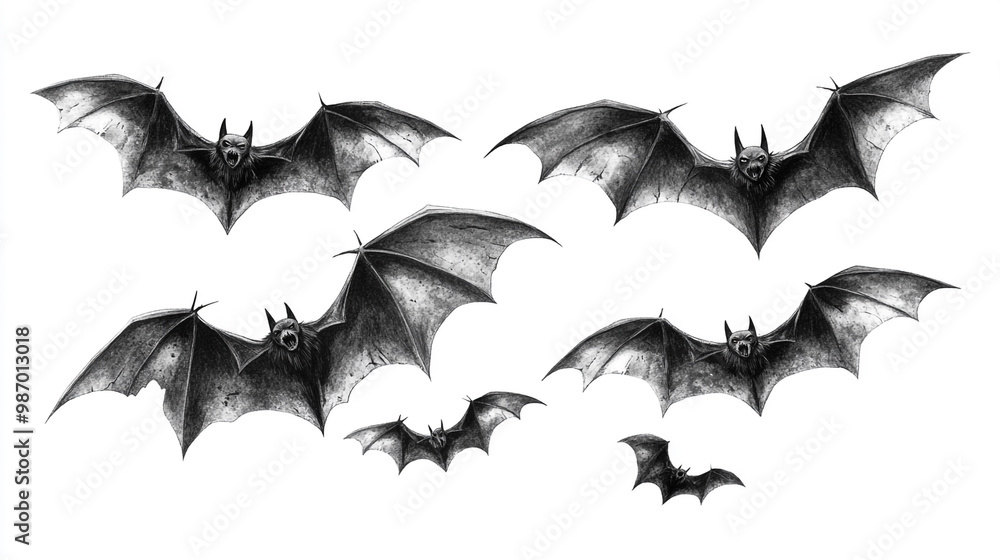 A collection of eerie, flying bats in intricate detail, perfect for Halloween themes and spooky designs. A collection of eerie, flying bats in intricate detail, perfect for Halloween themes and spooky designs.