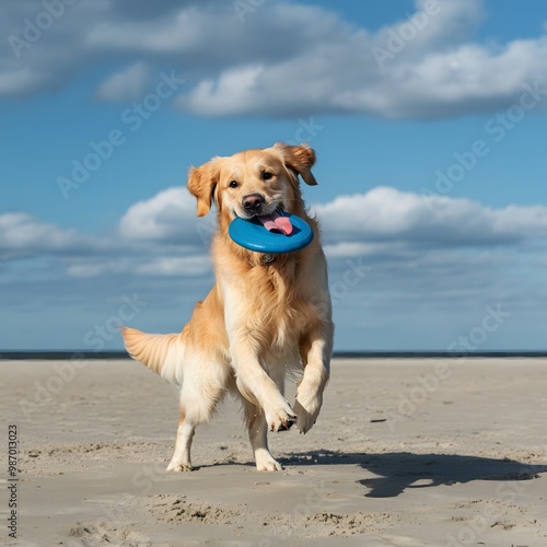 A Golden Retriever dog playing fetch with a frisbee on a sunny beach