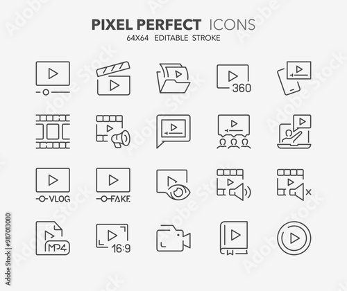 Line icons about video. Contains such icons as video lesson, aspect ratio, viral and more. Editable vector stroke 2 of 2 sets. 64x64 pixel perfect