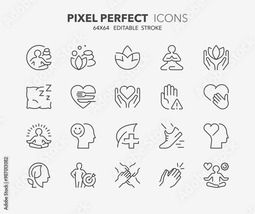 Line icons about wellness. Contains such icons as relaxation, yoga, spa, personal growth and more. Editable vector stroke. 64x64 pixel perfect