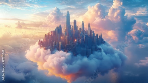 Illustrate an eye-level view of a cityscape perched on a magical cloud of shifting hues, embodying creative and fantastical urban design photo