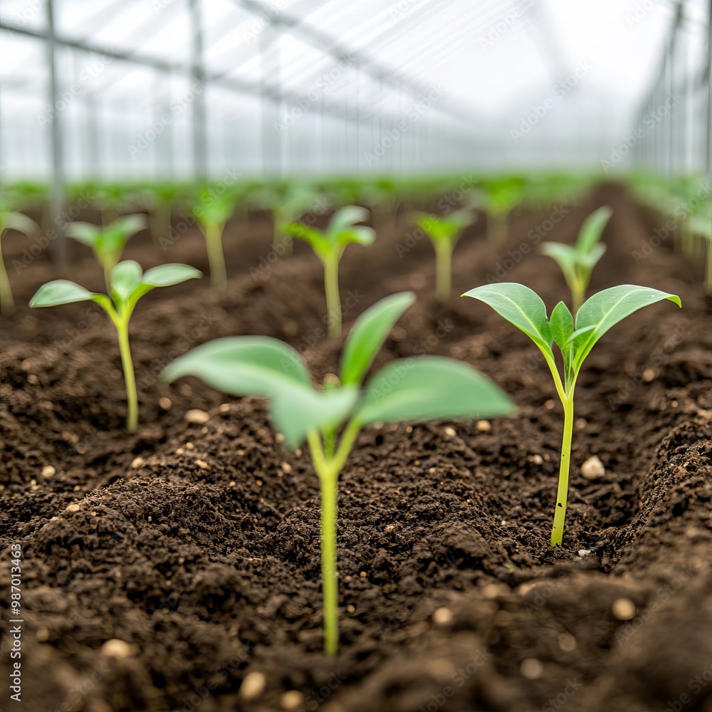 Seedlings emerging from tilled soil in a greenhouse environment, sustainable farming resources Seedlings emerging from tilled soil in a greenhouse environment, sustainable farming resources