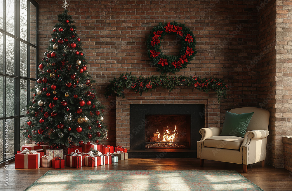 A photorealistic Christmas scene with brick walls, a fireplace, and decorations. A large tree decorated in red, white, and green ornaments stands beside the stone wall A photorealistic Christmas scene with brick walls, a fireplace, and decorations. A large tree decorated in red, white, and green ornaments stands beside the stone wall