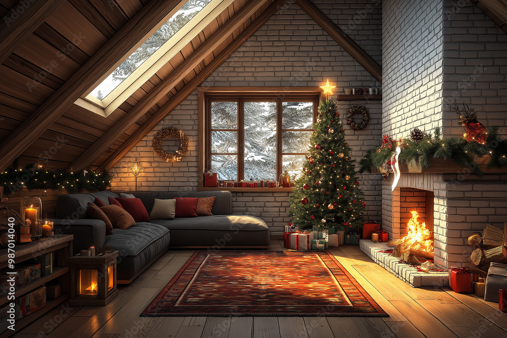 A cozy living room with a fireplace, Christmas tree, and skylights. The ...