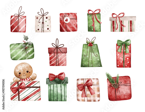 Watercolor Illustration Set of Christmas Gifts