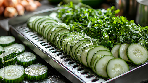 A sharp, stainless steel mandoline slicer cutting through fresh cucumbers, with the precision of the blades highlighted by soft kitchen lighting, symbolizing professional culinary tools and efficiency