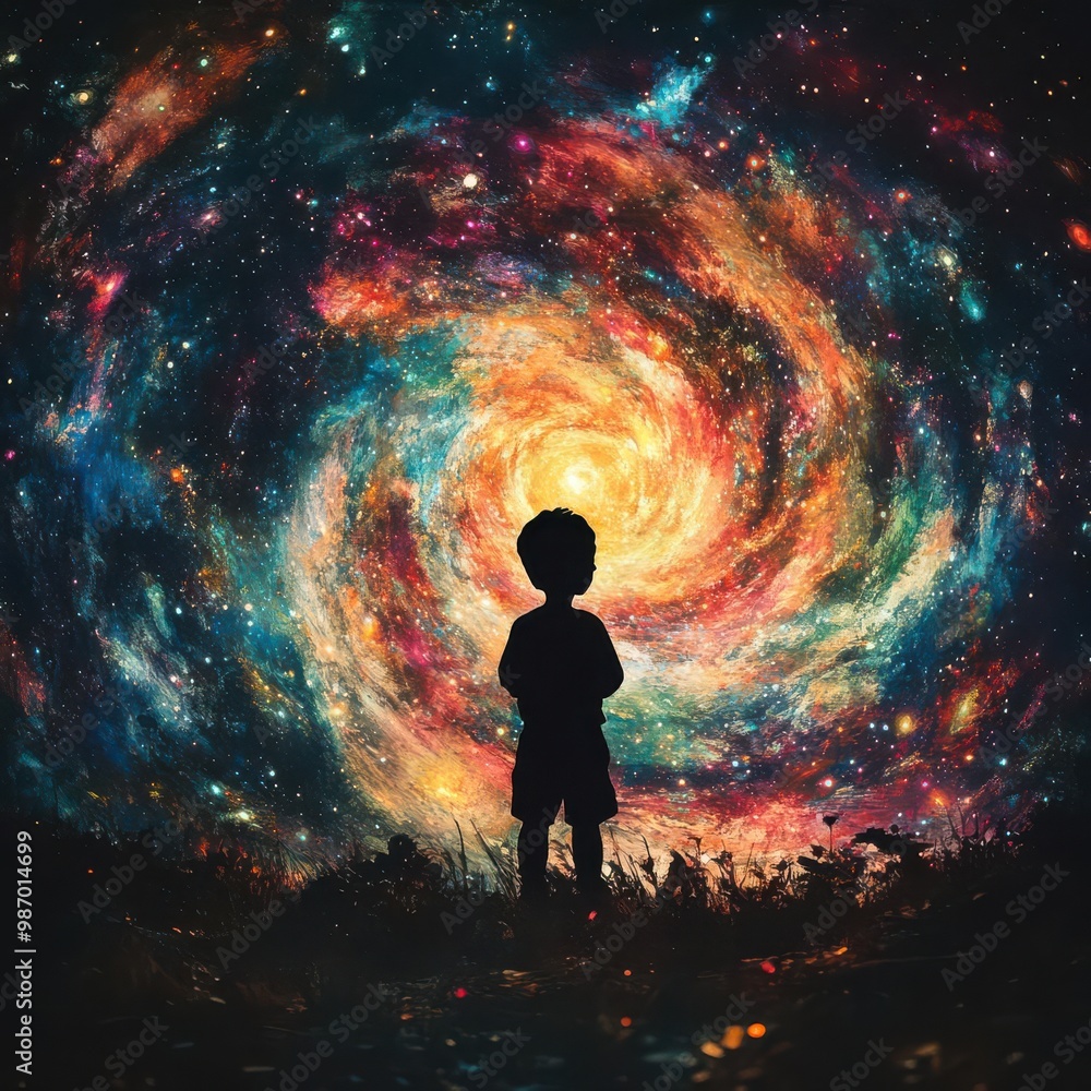 Fototapeta premium Produce a visually striking scene with a childs silhouette set against a backdrop of vivid, swirling galaxies, evoking limitless creativity