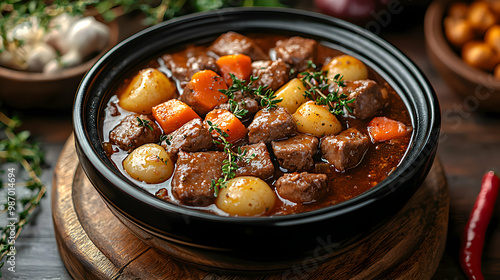 A modern electric slow cooker with a glossy black finish, sitting on a rustic wooden table, with the aroma of slow-cooked stew filling the air, bathed in soft, cozy kitchen light, symbolizing