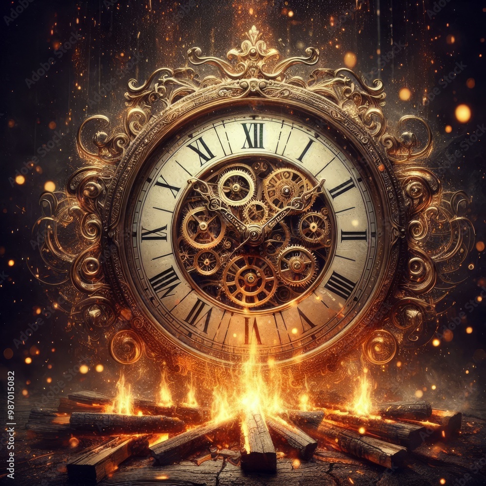 Obraz premium A vintage clock with exposed intricate gears, surrounded by a fiery glow. The detailed craftsmanship of the timepiece is highlighted against a dramatic, dark background, evoking the passage of time