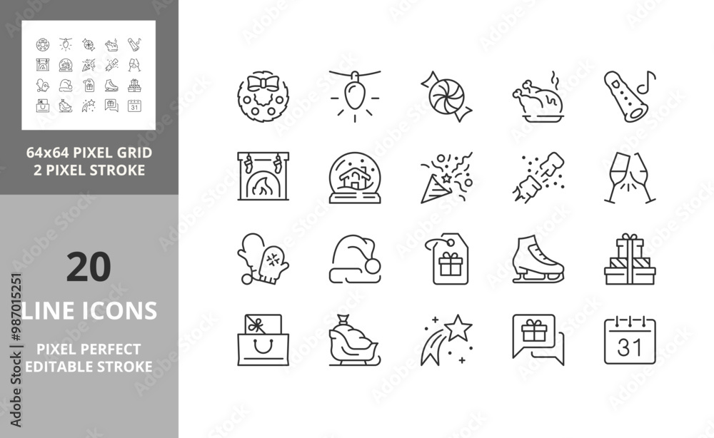 © Artco - Christmas, party and celebrations, thin line icon set 2 of 2. Outline symbol collection. Editable vector stroke. 64 and 256 Pixel Perfect scalable to 128px