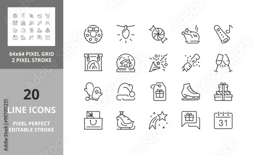 Christmas, party and celebrations, thin line icon set 2 of 2. Outline symbol collection. Editable vector stroke. 64 and 256 Pixel Perfect scalable to 128px
