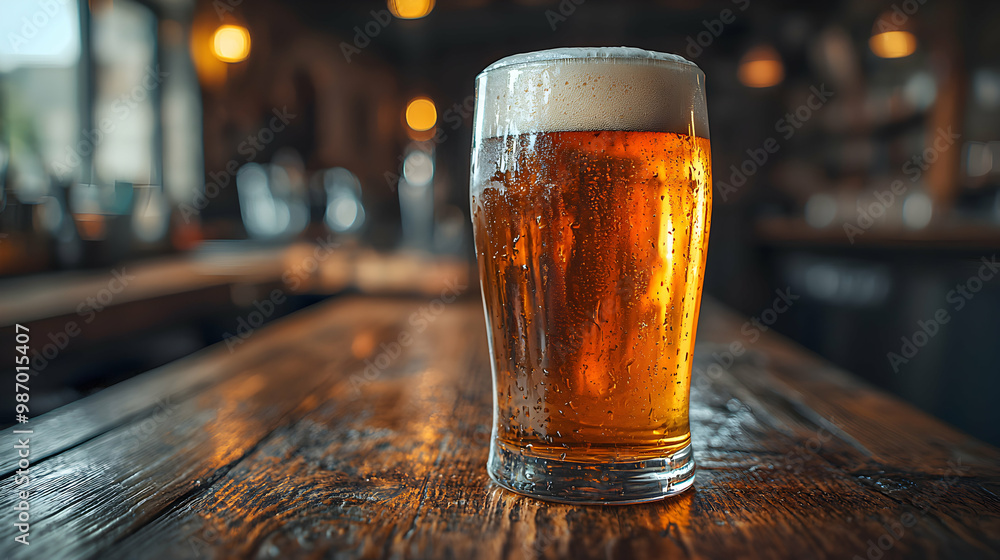 A cold pint of golden beer with a thick layer of foam, placed on a rustic wooden bar counter with soft ambient lighting, evoking warmth, relaxation, and social enjoyment A cold pint of golden beer with a thick layer of foam, placed on a rustic wooden bar counter with soft ambient lighting, evoking warmth, relaxation, and social enjoyment