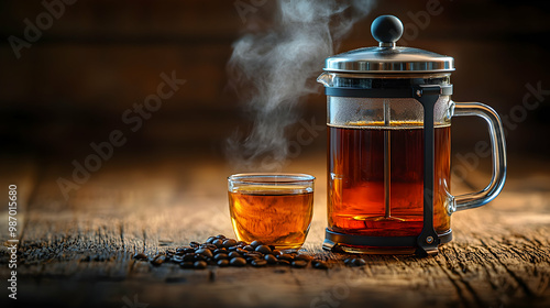 A freshly brewed pot of French press coffee, with steam rising from a clear glass cup next to it, placed on a rustic wooden table, illuminated by soft morning light to evoke warmth, tradition, and