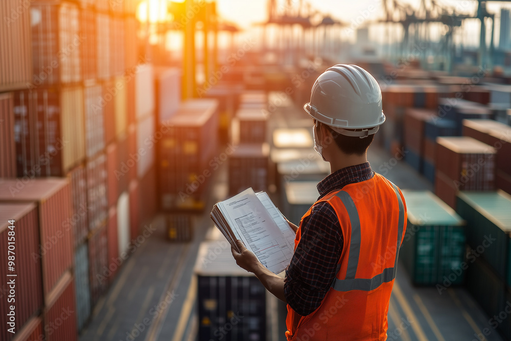 construction worker with helmet on site of of port there are a lot of container for export import construction worker with helmet on site of of port there are a lot of container for export import