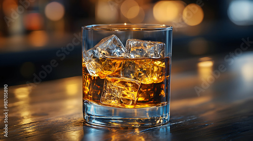 A crystal glass of whiskey on the rocks with large ice cubes, placed on a polished wooden bar, illuminated by warm, low light that emphasizes luxury, sophistication, and timeless enjoyment