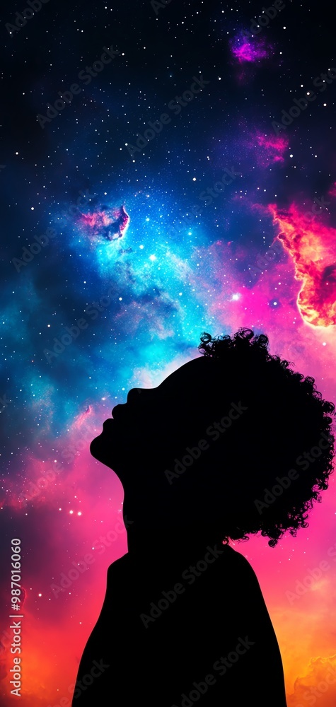 A childs silhouette against a backdrop of multicolored galaxies, representing the endless possibilities of a young mind A childs silhouette against a backdrop of multicolored galaxies, representing the endless possibilities of a young mind