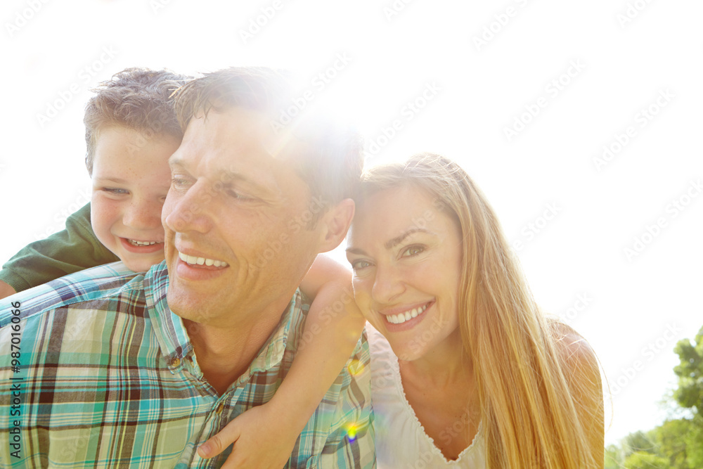 Outdoor, happy family and bonding in summer on weekend, holiday or vacation in backyard or garden. People, child and piggyback as parents with joy, smile and playful for fun, love and support in park Outdoor, happy family and bonding in summer on weekend, holiday or vacation in backyard or garden. People, child and piggyback as parents with joy, smile and playful for fun, love and support in park