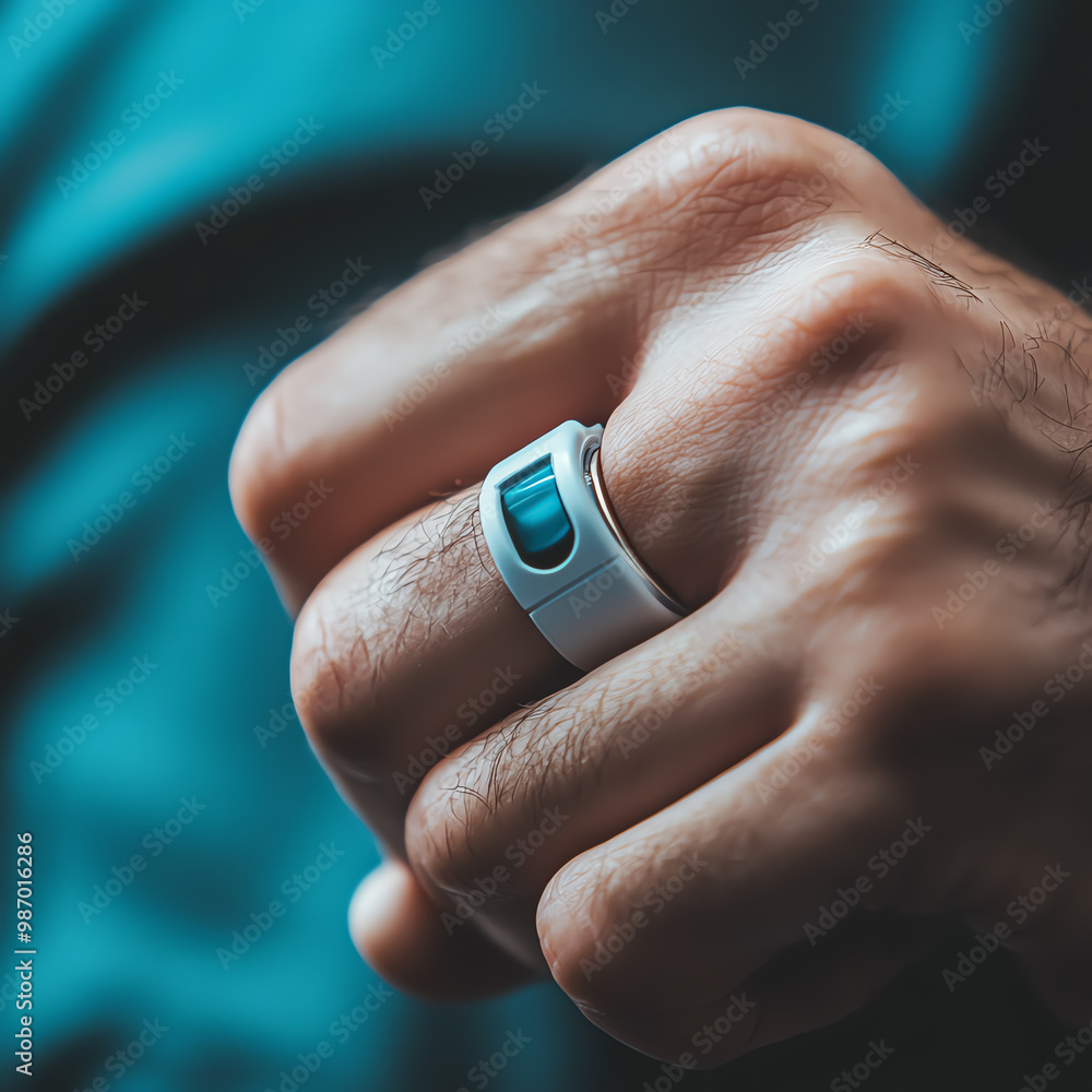 Fototapeta premium Close-up of a man's hand wearing a white smart ring with a blue sensor.