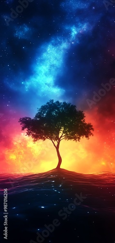 A fantastical tree growing in the middle of a vibrant, glowing sea, representing the blending of nature and creativity