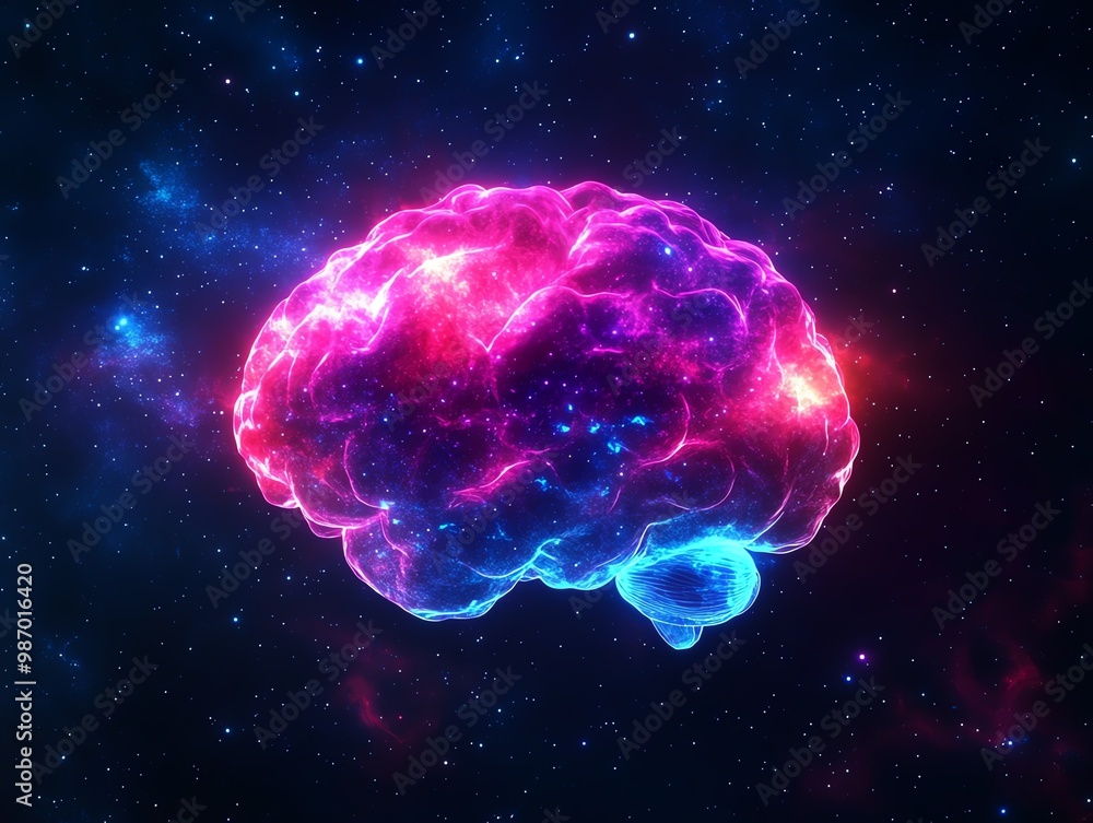 A glowing, multicolored nebula in the shape of a human brain, symbolizing the vastness of human imagination A glowing, multicolored nebula in the shape of a human brain, symbolizing the vastness of human imagination