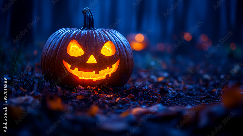 Spooky Jack-o'-Lantern in a Foggy Forest Scene Spooky Jack-o'-Lantern in a Foggy Forest Scene