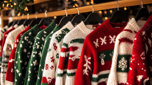 Colorful holiday sweaters hang on display, showcasing festive designs in red, green, and white, perfect for Christmas celebrations. photo