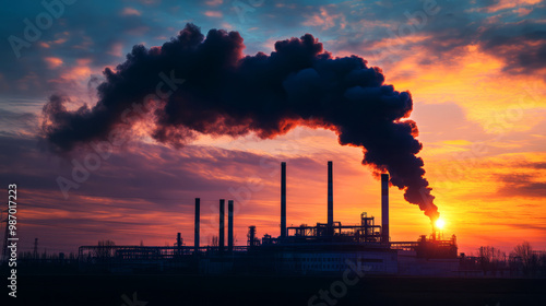 A silhouette of an industrial factory against a vibrant sunset, with dark smoke rising from smokestacks, highlighting environmental concerns. photo