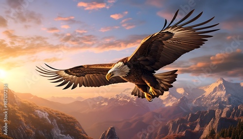 Wallpaper Mural A breathtaking view of a majestic eagle flying gracefully over a stunning mountain landscape during sunset, showcasing the beauty of nature Torontodigital.ca