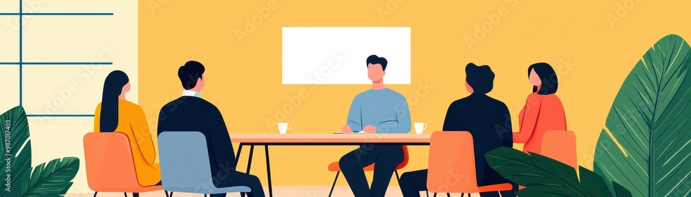 A diverse group engaged in a meeting, discussing ideas with a projector screen. Modern workspace environment with plants. A diverse group engaged in a meeting, discussing ideas with a projector screen. Modern workspace environment with plants.