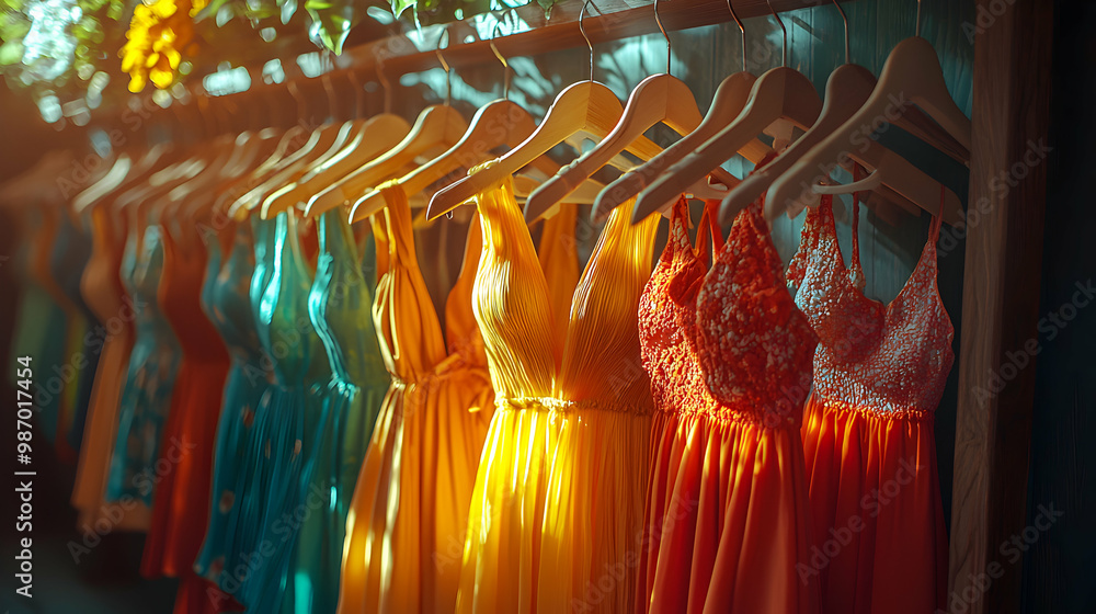 Naklejka premium A colorful summer dress hanging on a wooden rack, with soft natural light casting gentle shadows, evoking lightness, warmth, and carefree summer fashion